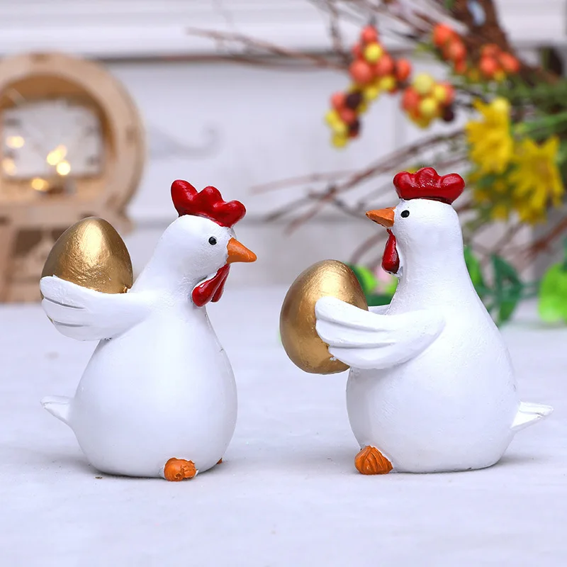 2 unids/set de bonito pollo de Pascua con estatuilla de huevo dorado, decoración de animales de resina, adorno de mesa para el hogar interior para decoración festiva y diaria