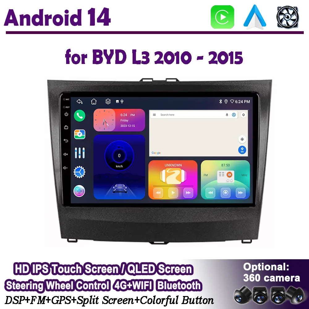 

9 inch Car Radio Multimedia Player for BYD L3 2010 2011 2012 2013 2014 2015 Android 14 GPS Navigation Video Carplay QLED Screen