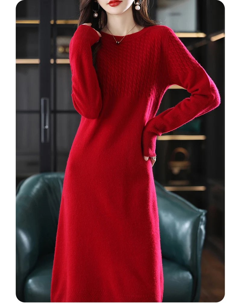 Round Neck Cashmere Dress Women's Long Pullover Sweater Autumn And Winter New Knitted Knee-Length Pure Wool Dress