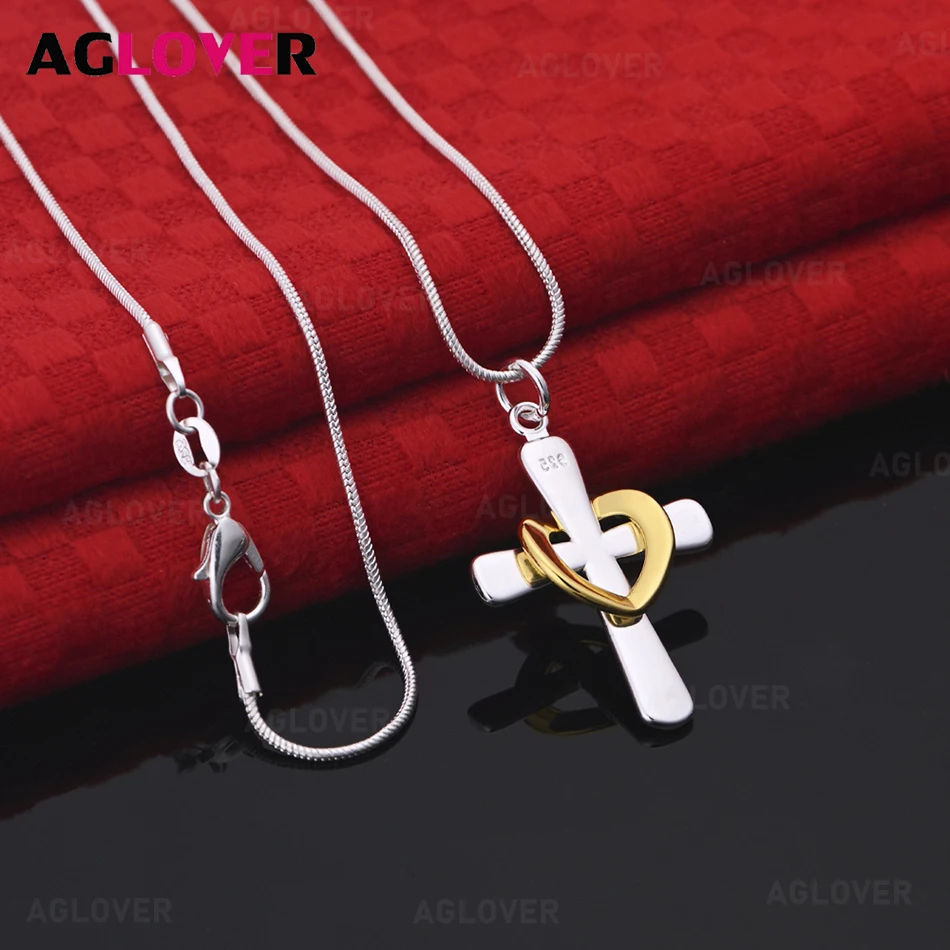 

AGLOVER 925 Sterling Silver Polished Cross Gold Heart Pendant Necklace Women's Exquisite and Cute Wedding Jewelry