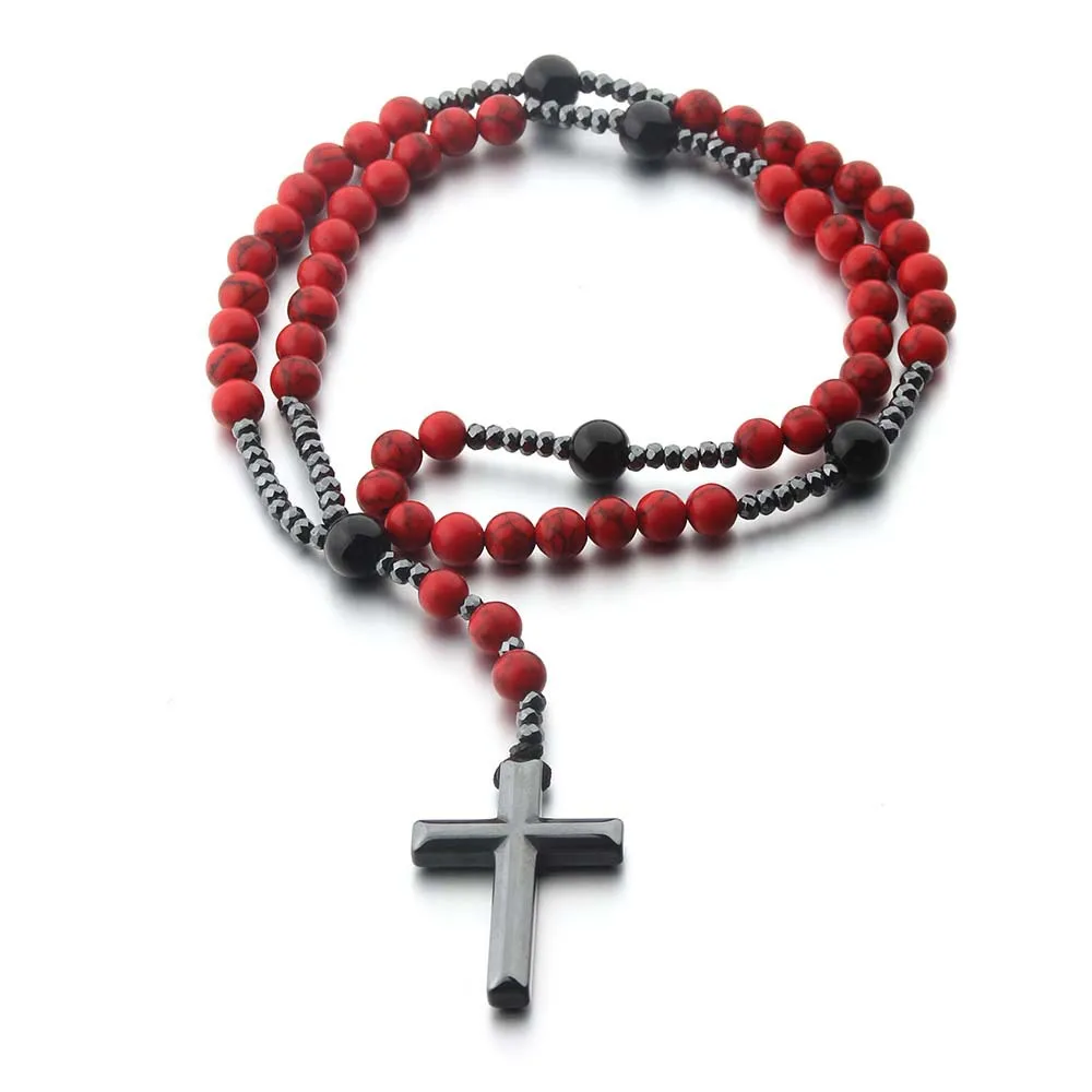 الحجر الطبيعي أفريقيا الفيروز وخرز عين النمر الصليب قلادة قلادة مسبحة للرجال والنساء #3