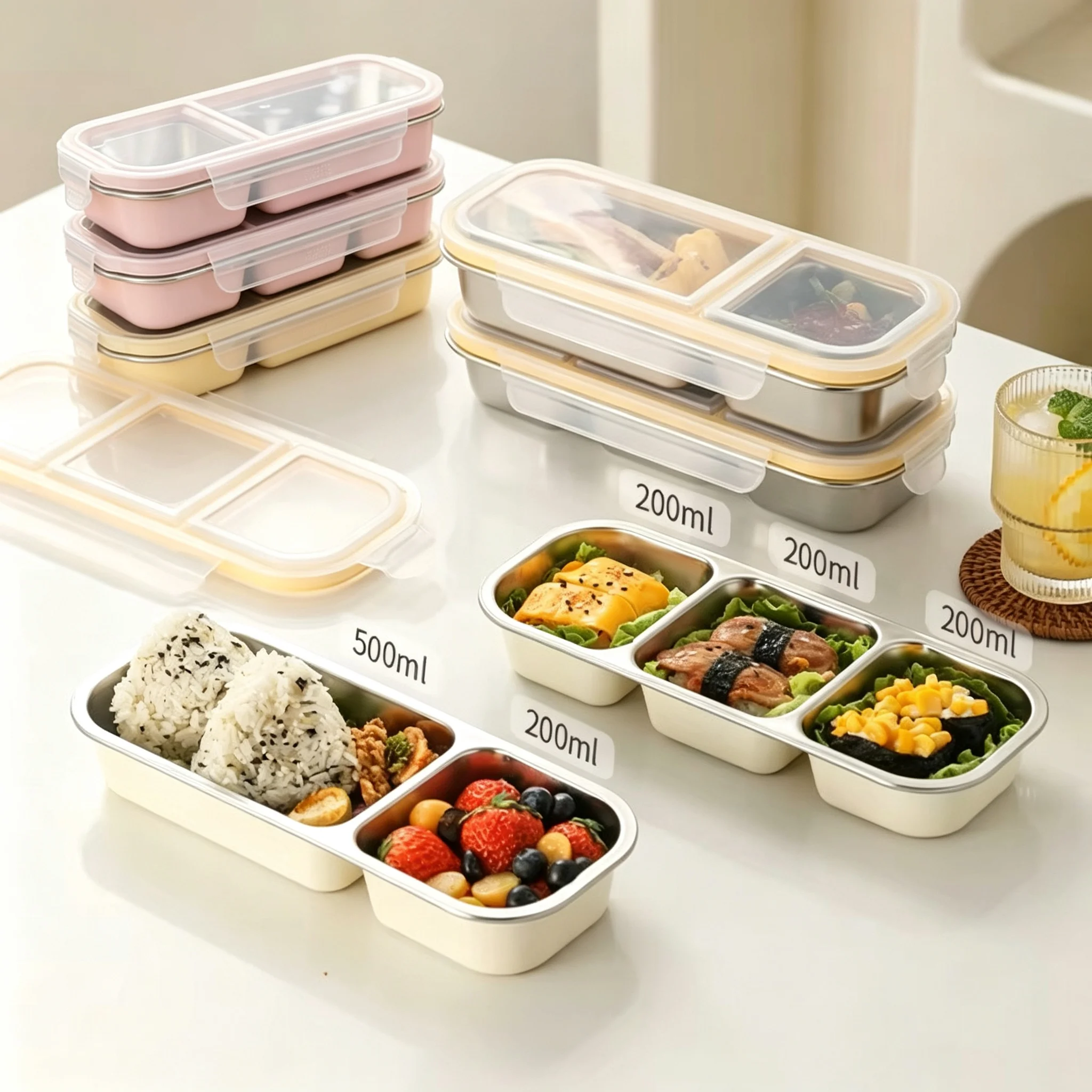 Food Snacks For Picnic - 2 ชิ้นกล่องอาหารกลางวันขนาดเล็ก 2/3 ช่องสแตนเลสสตีลภาชนะใส่ขนมวางซ้อนกันได้ภาชนะเก็บอาหารแบบใช้ซ้ำได้สำหรับโฮมออฟฟิศปิกนิก