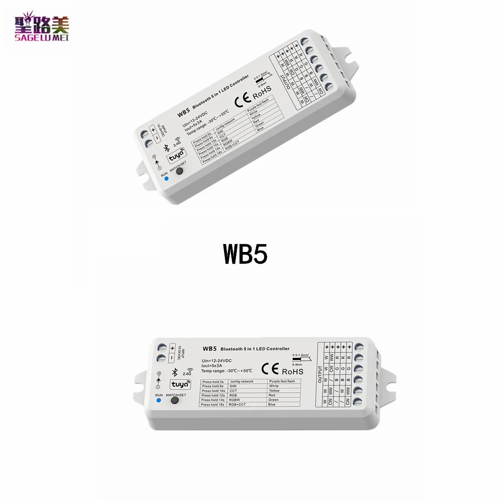 

12V-24V 5CH*3A 2.4G RF 5 in1 LED Bluetooth Controller WB5 Wireless Remote Tuya App Cloud Control For 1-5 Color Strip Light