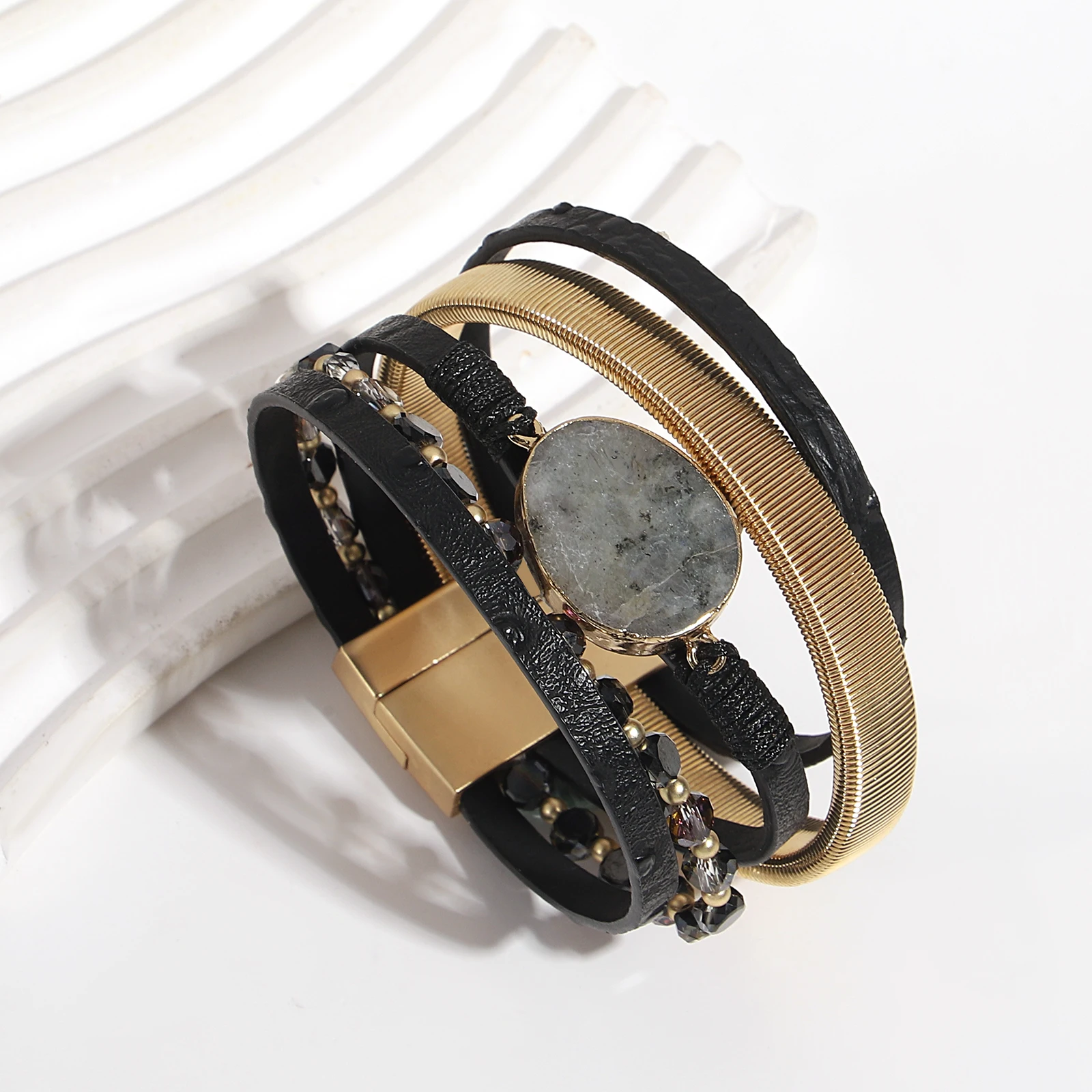 

Amorcome Trendy Oval Natural Stones Bracelet for Women Bohemain Crystal Beads Leather Wrap Bangle Female Jewelry Gift New