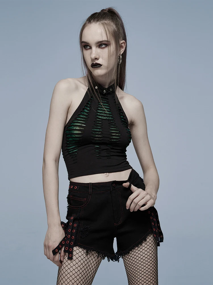 

Gothic Rave Hollow out Knitted Print Shoulder Bared Slim Fit Design Summer New Style Sleeveless Vest Street Fashion Short Length