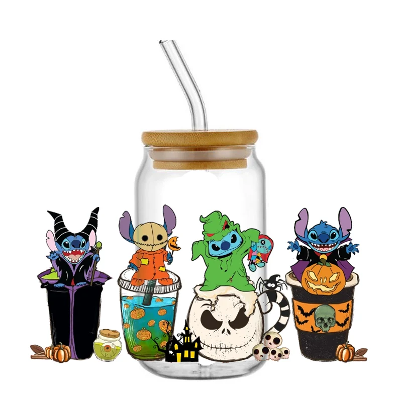 Miniso Cartoon Hallowee Stitch16OZ UV DTF Cup Wraps, pegatina de transferencia para botella de vidrio liberbey Can, autoadhesivo lavable, taza DIY