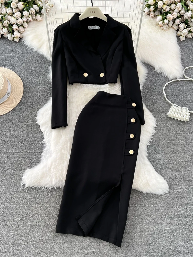 

Faionable Korean Sle Women's Suit Set Long Sve Slim Fit ort Jaet High Waist Slimming Split Skirt Autumn Wear