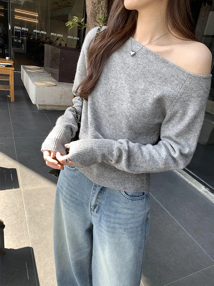 Elegante Camiseta Rosa de Un Solo Hombro con Base de Punto Gris, Top de Manga Larga para Mujer que Revela la Piel, Estilo para el Trabajo, Venta Exclusiva Online