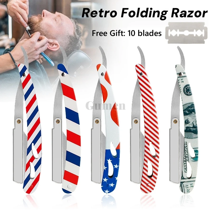 Men's Straight Edge Razors Pro Barber All Stainless Steel Folding Shaving Knife Salon Hair Removal Styling Tools With 10 Blades