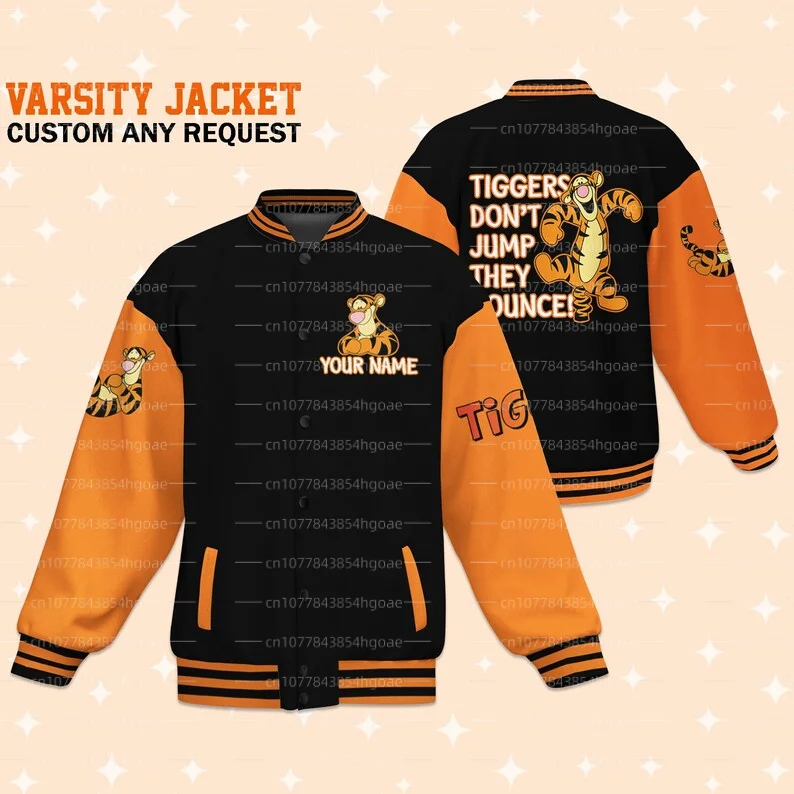 New Customized Name Tigger Baseball Jacket Disney Tigger Casual Baseball Jacket Oversize Street Men's and Women's Jacket