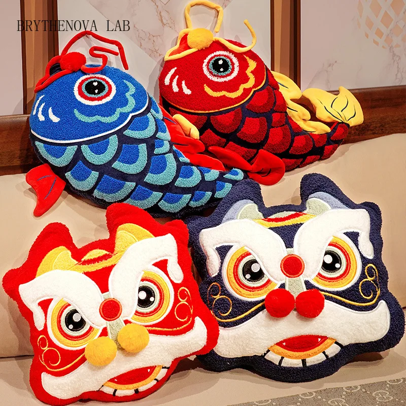 Joy Chinese Traditional Lion Dance Cushion Koi Fish Embroidery Pillow Ingot Gold Cushion Sofa Chair Car Home Wedding Lucky Decor