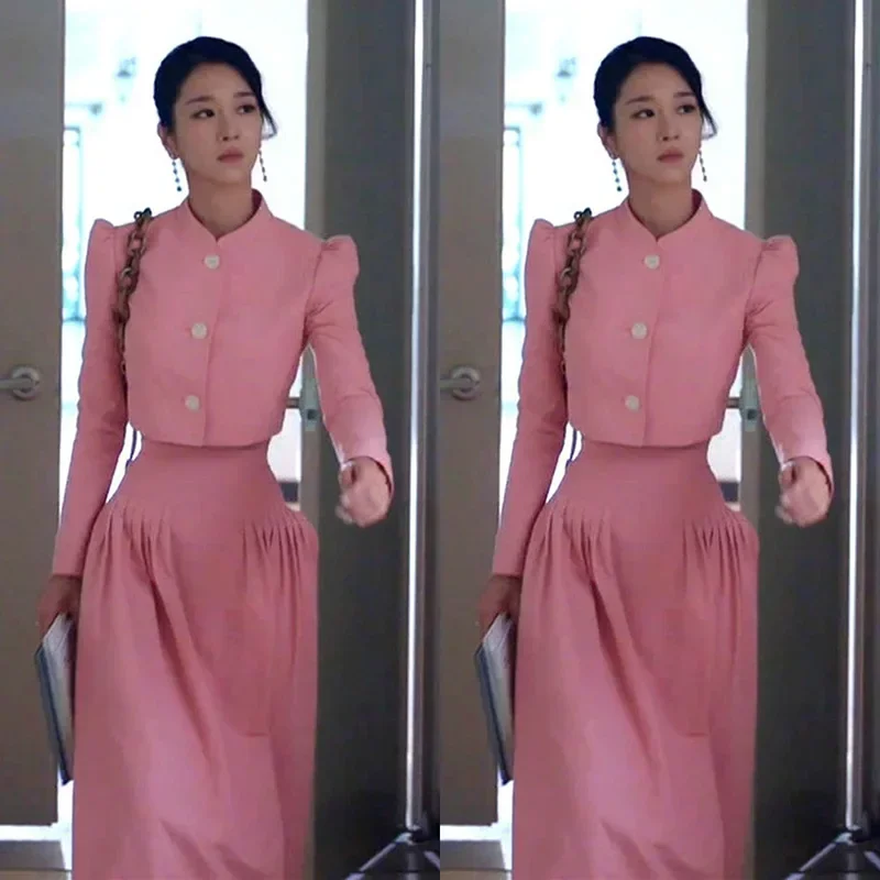 25 kpop Seo Sì Ji stessa moda estiva nuova camicia corta a maniche lunghe rosa top sciolto elegante gonna a vita alta set da due pezzi da donna