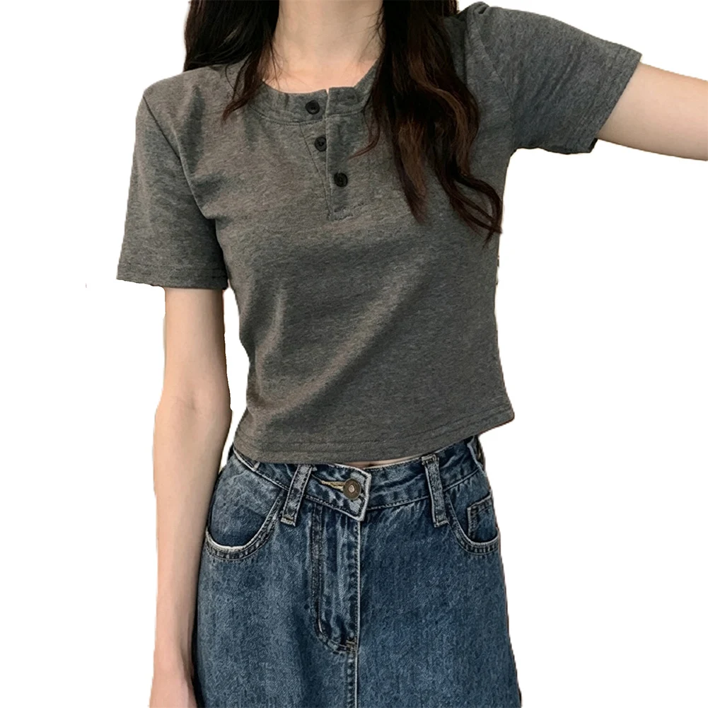 Polyester Casual Blouse Women Half Open Collar Tee Medium Elasticity Fabric Half Open Collar Design Short Sleeve Style