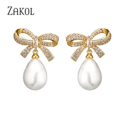 ZAKOL Trendy Korean Micro Inlay Zircon Bowknot Drop Earrings for Women Cute Imitation Pearls Wedding Jewelry EP1117