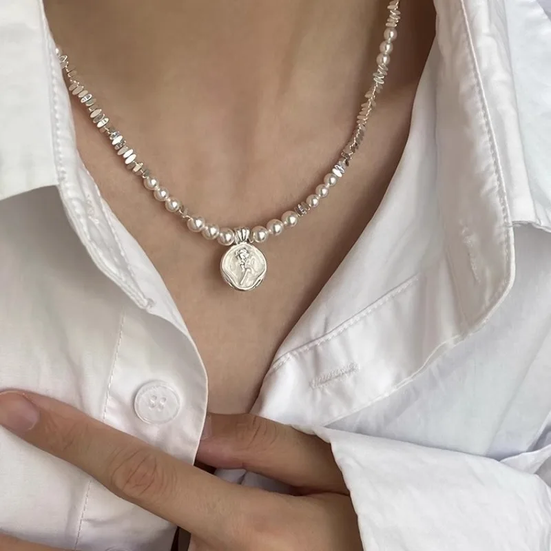 Irregular broken silver 925 pearl necklace silver white glazed rose flower collarbone chain new in wedding jewelry gift