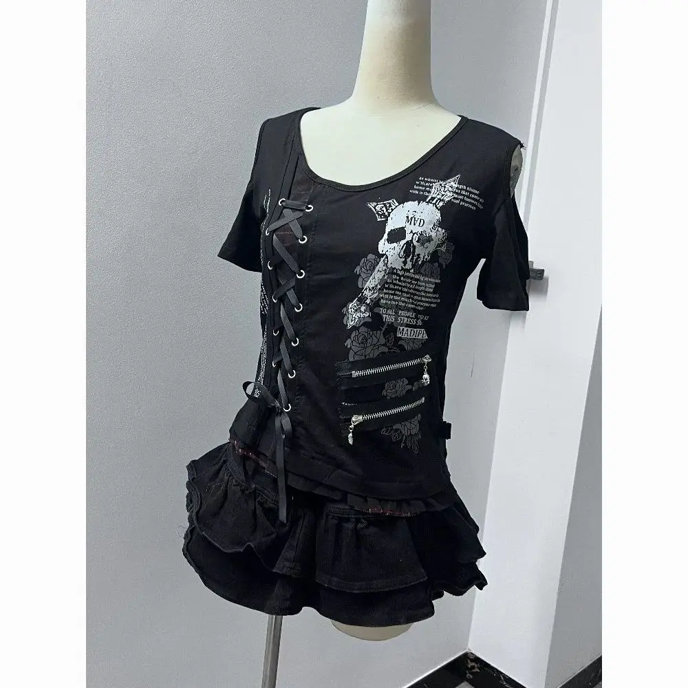 Streetwear Skull Printing Punk Off Shoulder Tees Summer Vintage Harajuku Bandage Tops Fairy Grunge Women T-shirts Y2k Aesthetic