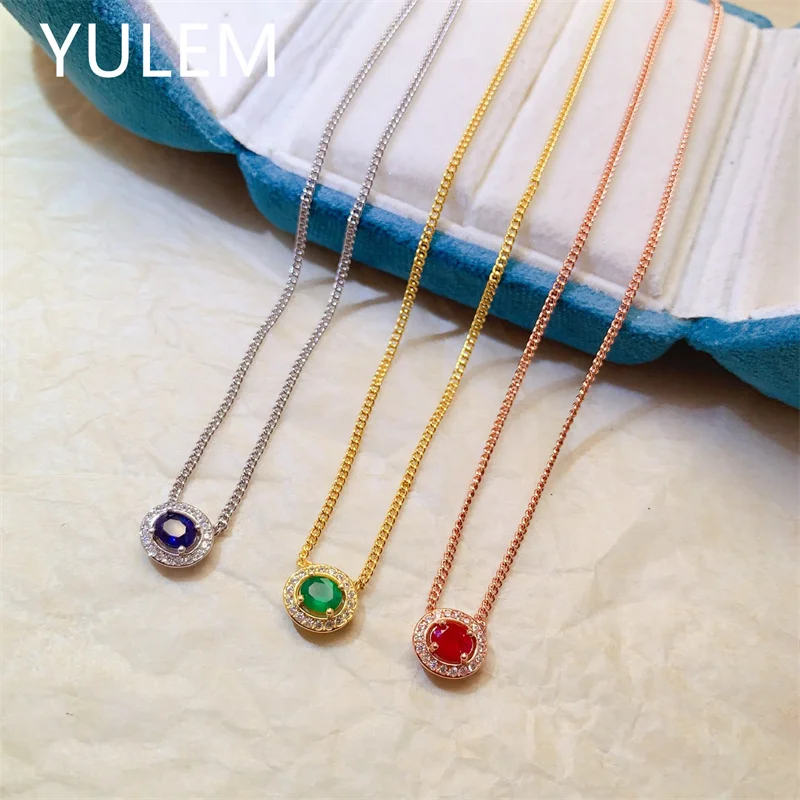 YULEM Natural Emerald/sapphire/ruby Oval Shape Pendant Necklace S925 Sterling Silver 4x5mm Women Gemstone Jewelry