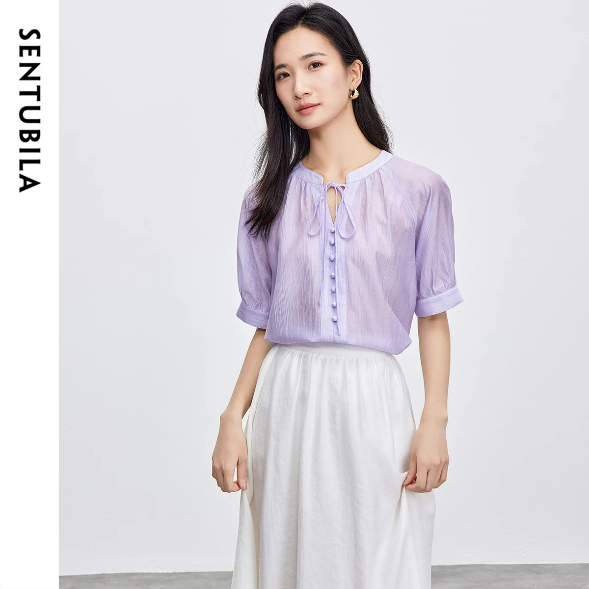 

SENTUBILA Simple Solid Blouse For Women 2025 New Lyocell Elegant O Neck Short Sleeve Button Lace Up Female Clothing 152V59125