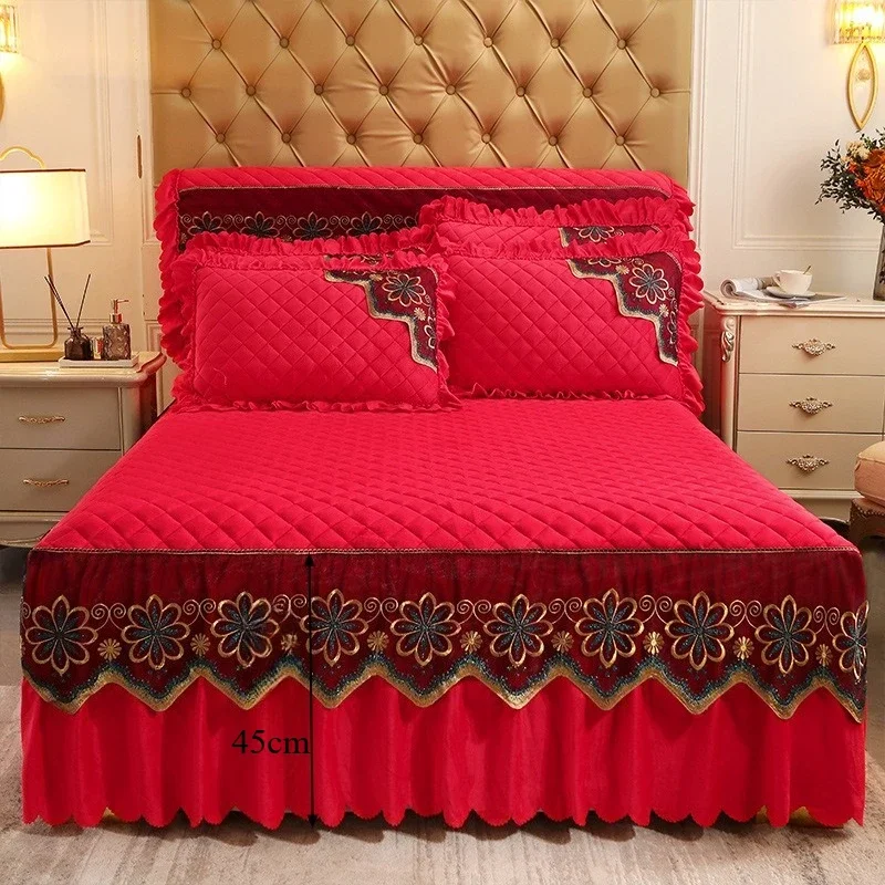 Light Luxury Velvet Lace Bed Skirt Three Piece Set Series Anti-skid Beds Skirt with Pillowcase Soft Warm Skin Friendly Bedspread
