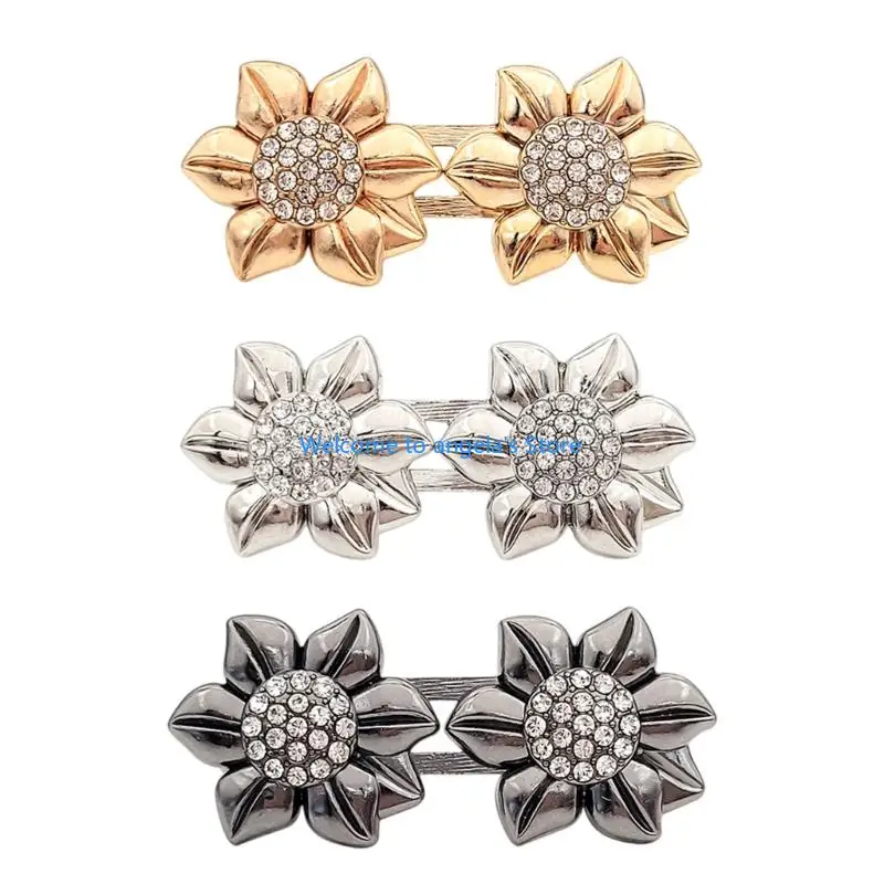 

X4YC Waist Cinching Button With Rhinestones Flower Detachable Alloy No Sew Closure Clothing Accessory