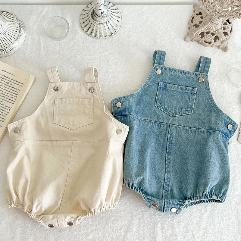 

Summer Newborn Pocket Overalls Denim Infant Baby Boys Girls Cowboy Sleeveless Rompers Autumn Kids Onepiece Fashion Baby Clothing