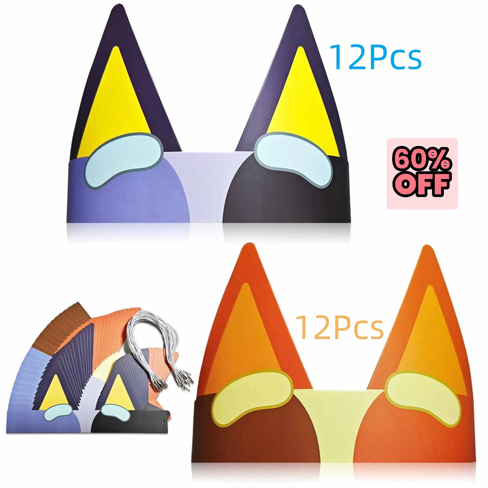 12pcs/24Pcs/36pcs Dog Ears Headband Blue Dog Birthday Party Hats Blue and Orange Paper Party Crown for Kids Boys Girls Puppy Dog