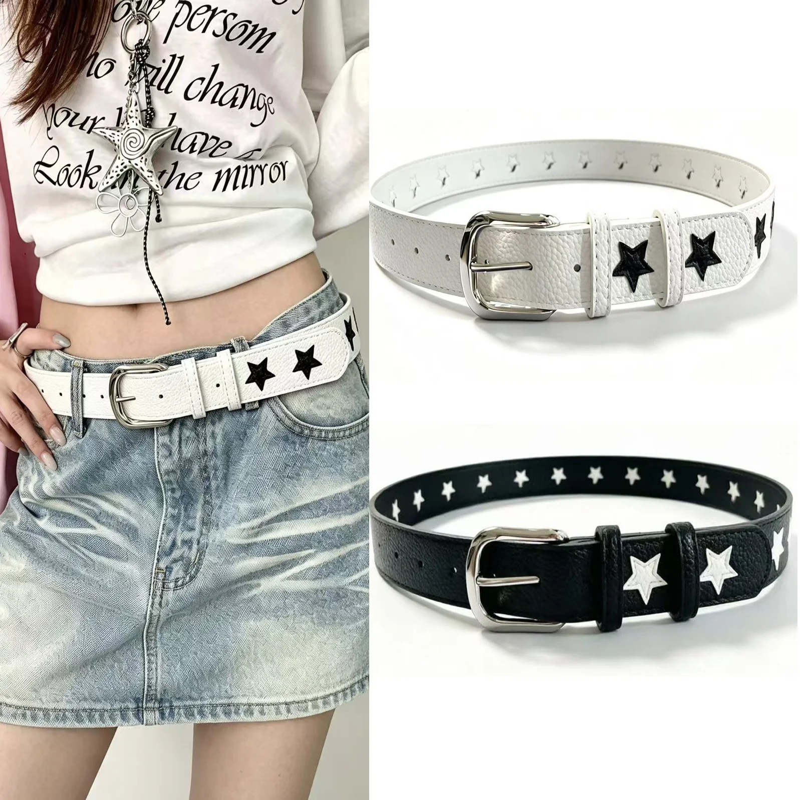 Y2K Star Pattern PU Leather Belt for Women Vintage Metal Pin Buckle Waist Belt Cute Star Embossed Decorative Belt for Jeans