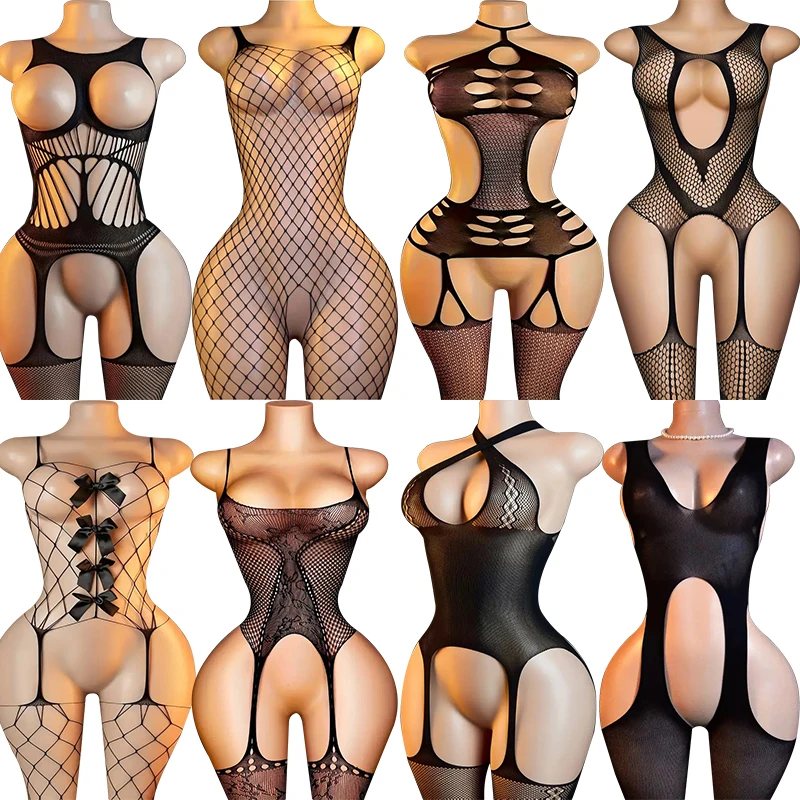 Sexy Babydoll Nightgown Women Fishnet Sleepwear Ladder Hollow Open Back Soft Stretch Pajamas Sheer Nightwear Intimate Underwear