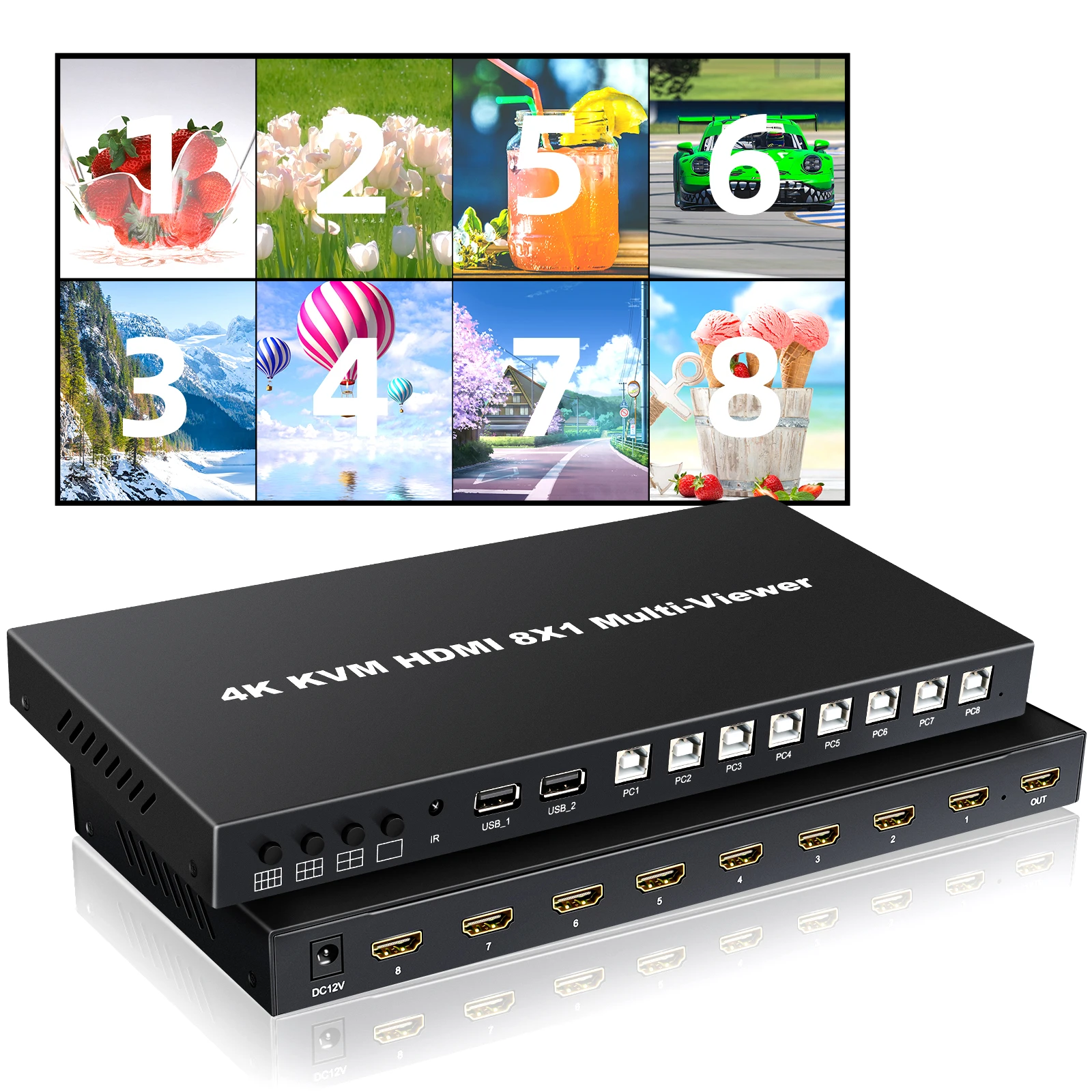 4K 60Hz HDMI Multiviewer KVM Switch 8x1 USB Quad Multi-Viewer for 8 PCs Share USB Keyboard and Mouse Control