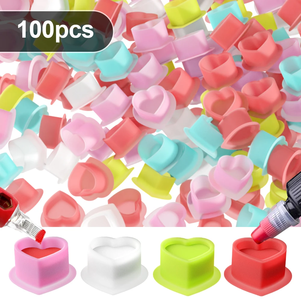 100Pcs Tattoo Silicone Heart Ink Cup Disposable Permanent Makeup Pigment Holder Container Cap Tattoo Ink Accessories for Artist