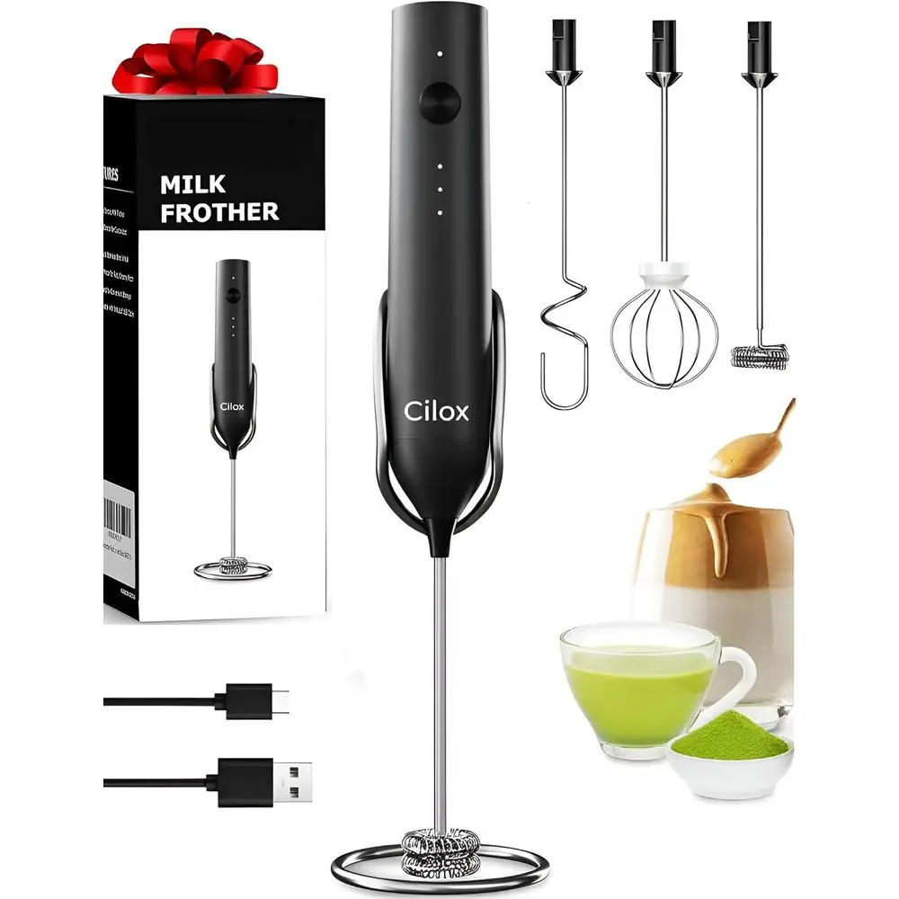 

Портативный перезаряжаемый вспениватель молока с 3-скоростным миксером-венчиком, двойной пружинной насадкой для кофе, матча, латте и других напитков