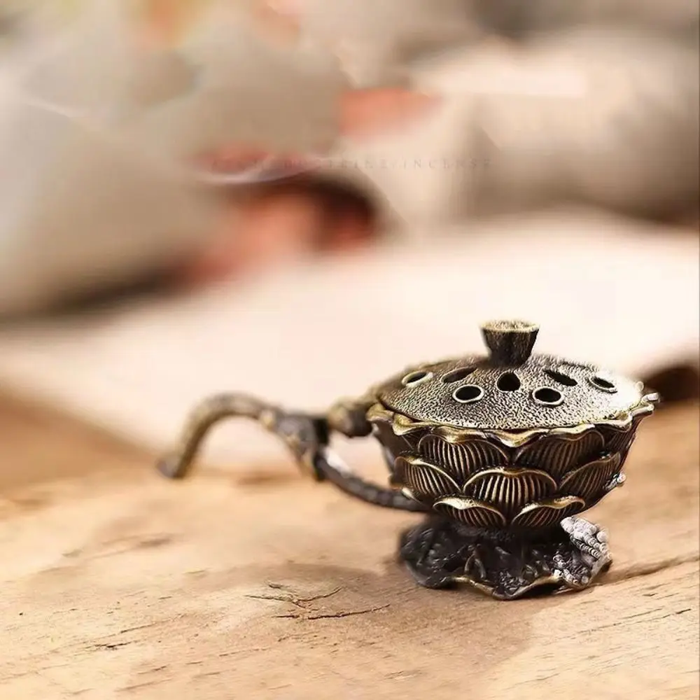 Home Vintage Ornaments Alloy Lotus Hand Stove Small With Cover Brass Incense Holder Retro Copper Hollow Out Metal Censer Patio