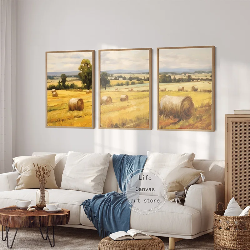 Vintage Hay Bales in Hayfield Pasture Rustic Country Field Landscape Art Posters Canvas Painting Wall Prints Pictures Home Decor