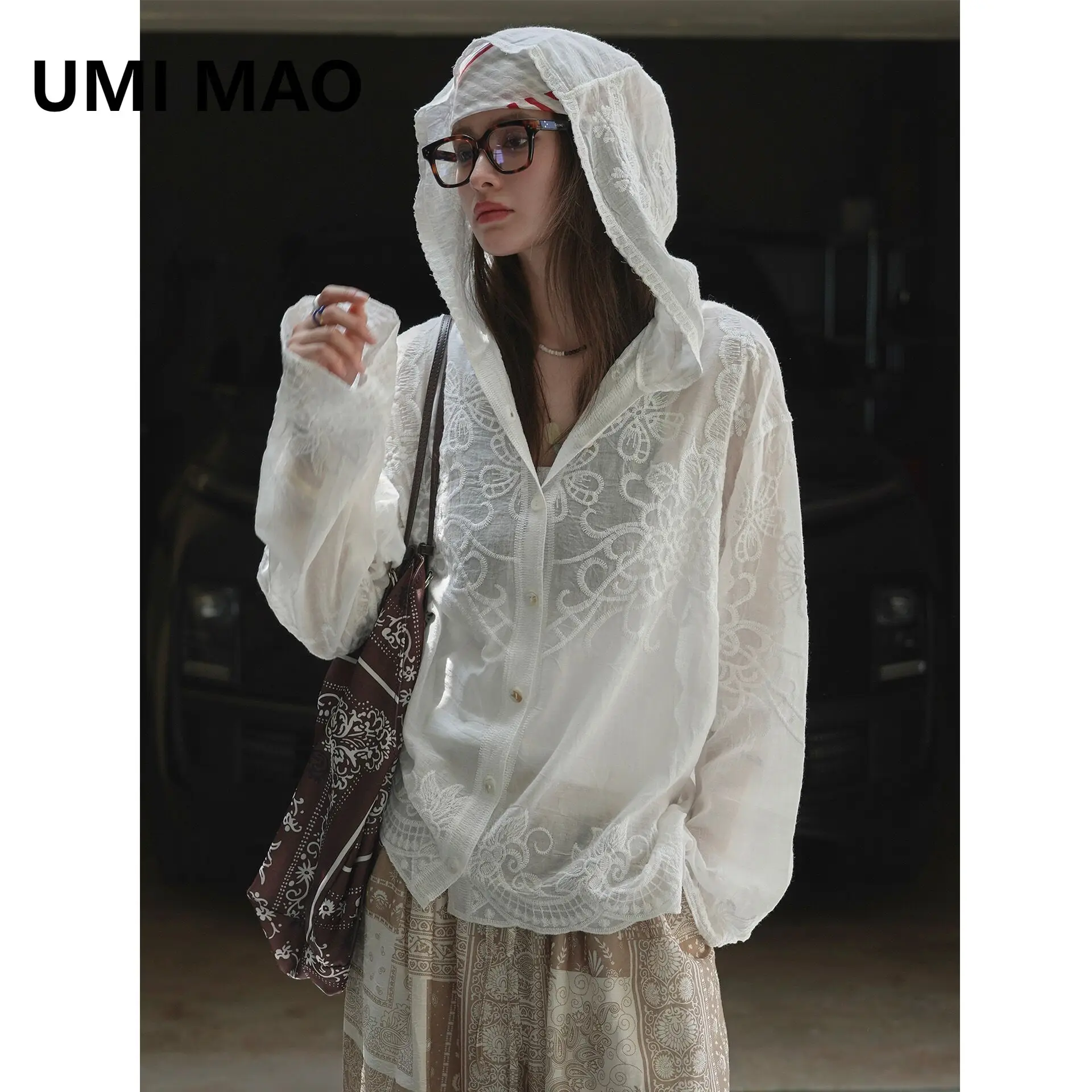 

UMI MAO солнцезащитная рубашка женская летняя новая корейская модная элегантная кружевная жаккардовая рубашка с капюшоном легкий дышащий топ для женщин