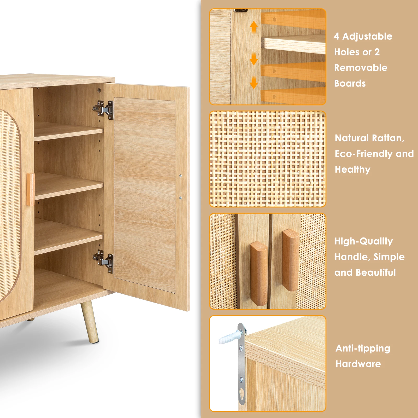 Armoire de rangement de chaussures en rotin moderne avec portes doubles, étagères réglables, armoire d'appoint pour salon, chambre à coucher, couloir