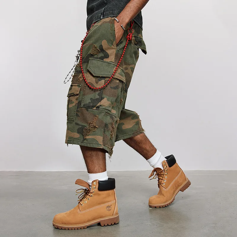 2026 Summer Men's Destruction Camouflage Stone Grinding Washed Old Cropped Pants Ripped Overalls Loose Wide-leg Shorts