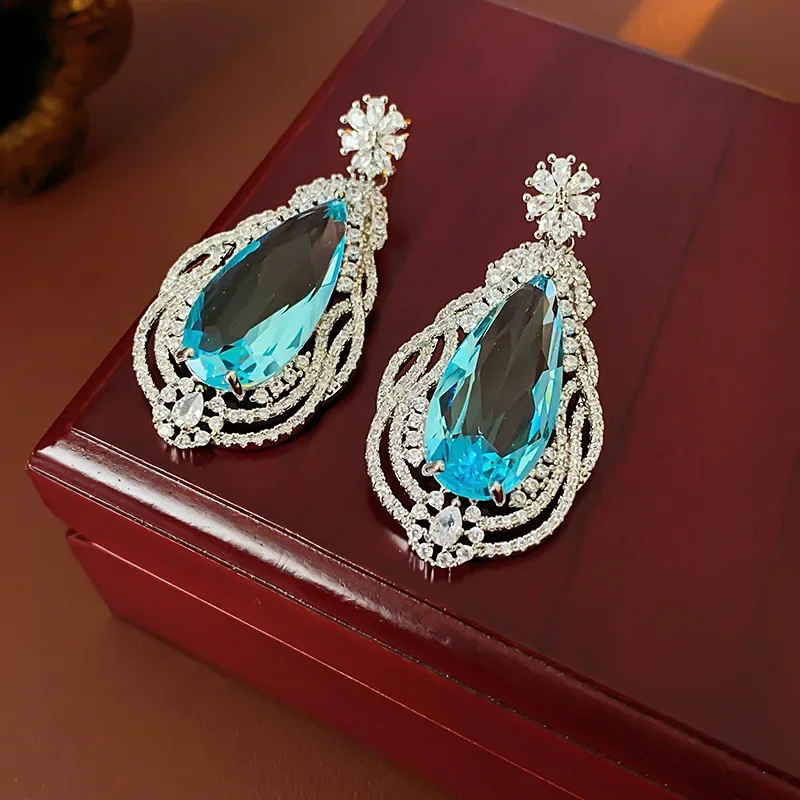 

Shiny Zircon Blue Water Drop Dangle Earrings for Women Evening Party Wedding Jewelry Femlale Gift