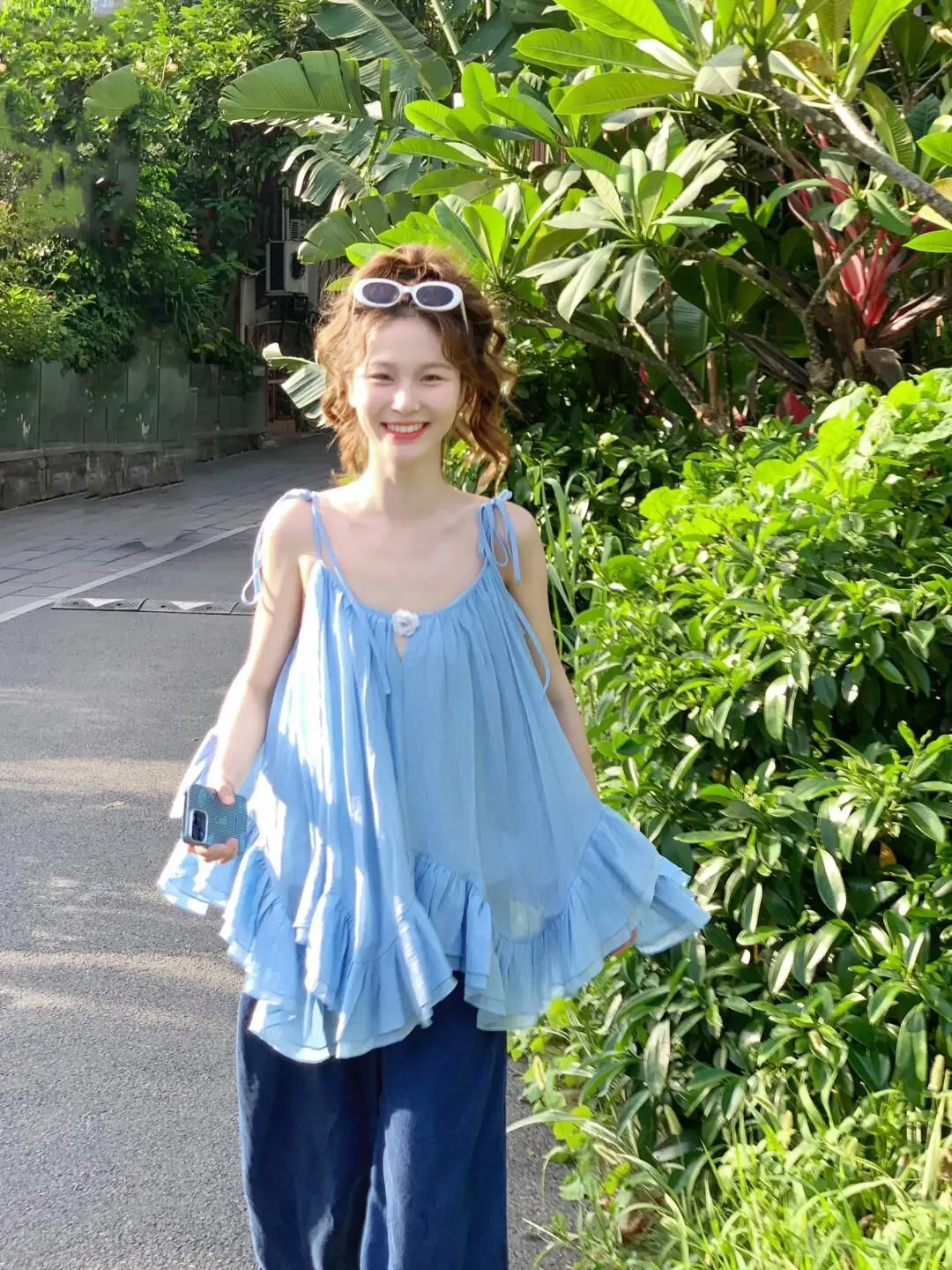 Women Pure Color Ruffle Edge Backless Camisole Vest Summer Irregular Lace Up Loose Outerwear Beach Vacation Top