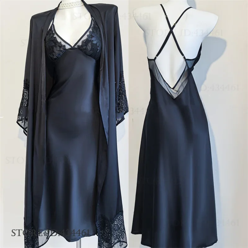 Sexy Black Silk Satin Long Robe Nightgown Set Sleepwear Patchwork Lace Backless Suspender Night Dress Lingerie Loose Homewear