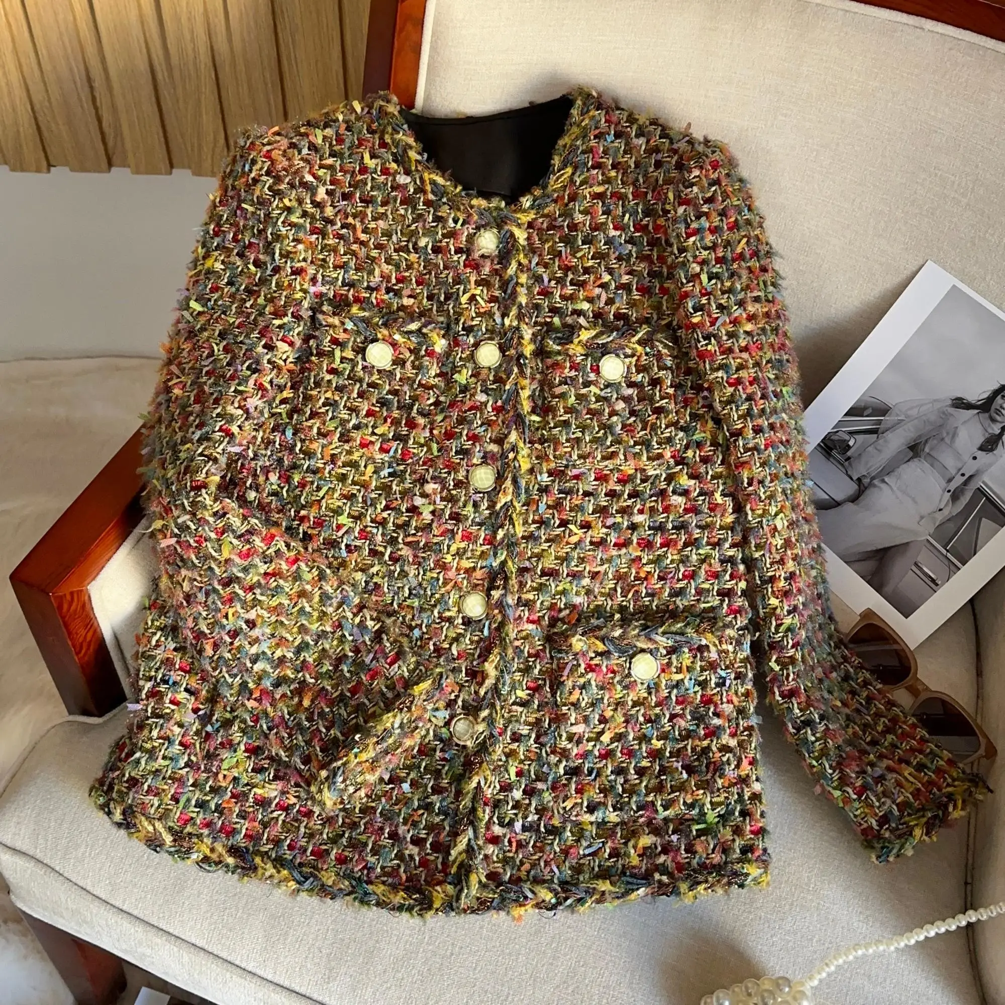 

2024 New Autumn Winter Floral Patterned Knitted Tweed Sle Women's Jaet Faionable Commute Loose Fit Long Sve round Ne