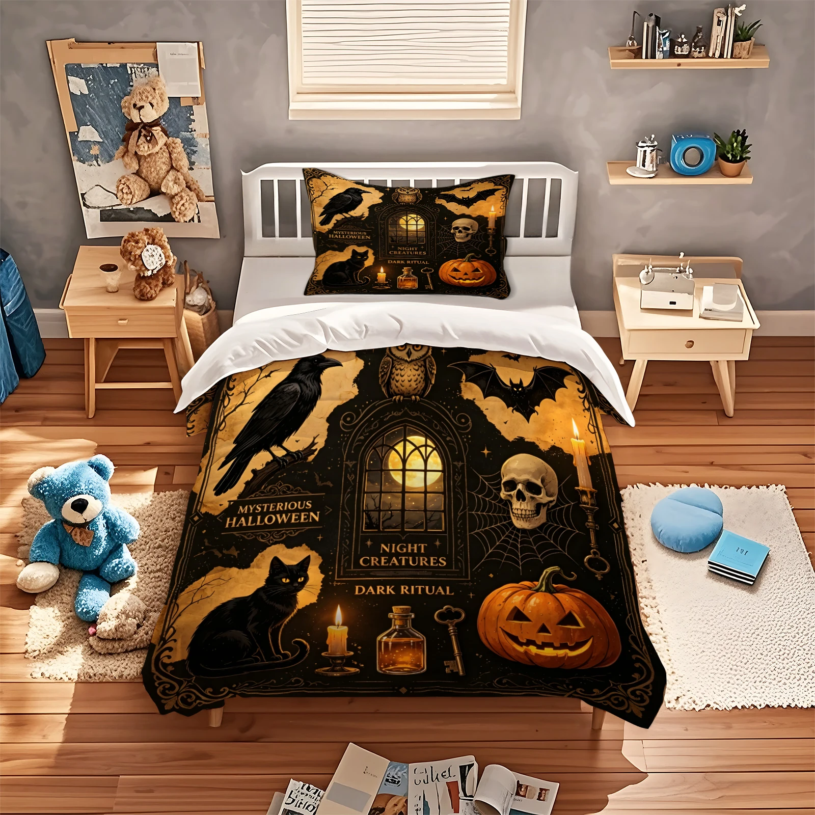 Mysterious Halloween Duvet Cover Set Gothic Spooky Raven Black Cat Pumpkin Skull Bedding Set Vintage Dark Ritual Halloween Decor