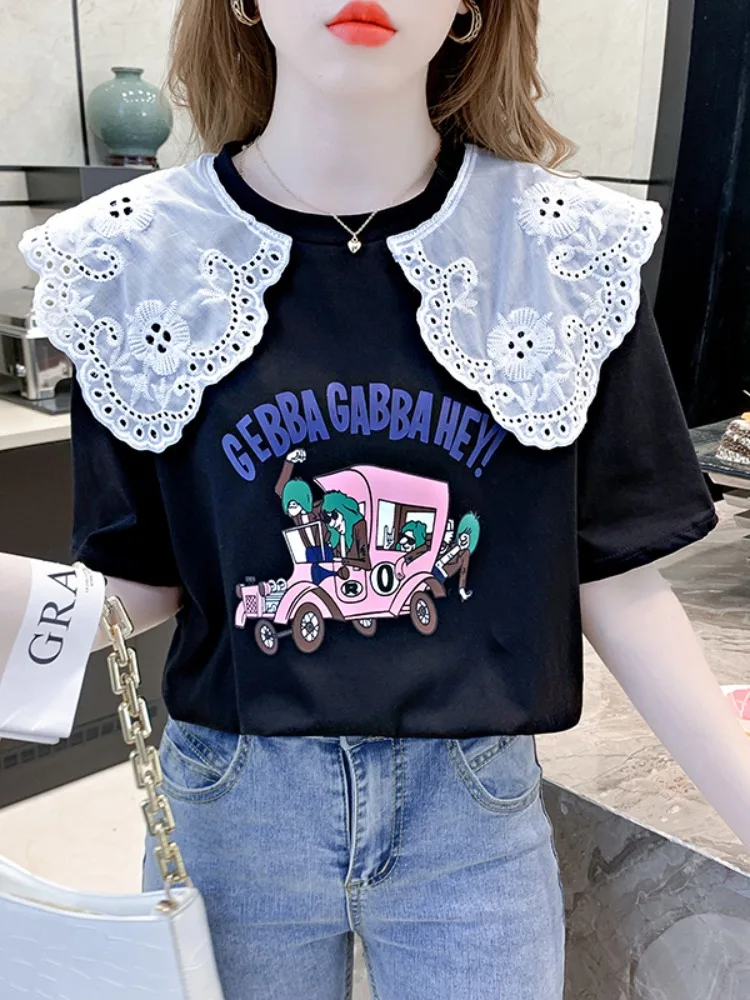 Design Sensation puur katoen ort Sve T-shirt Dames Faionable Veelzijdige poppenkraag Top Lente Zomer Nieuwe collectie