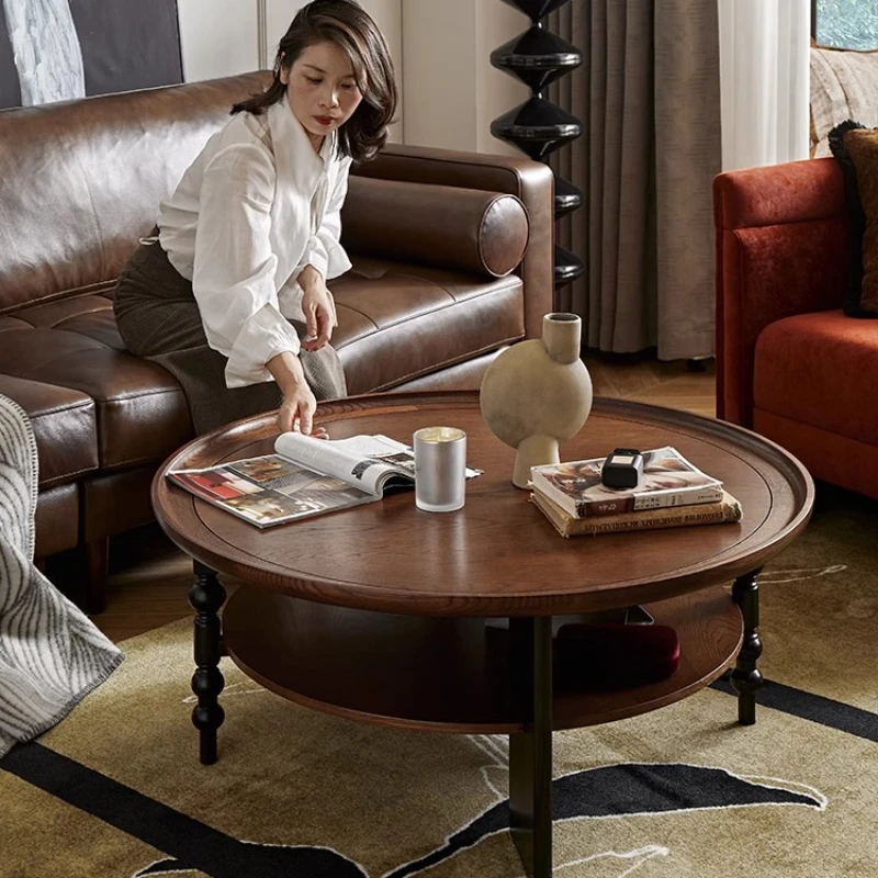 

French retro solid wood coffee table round tea table tea table