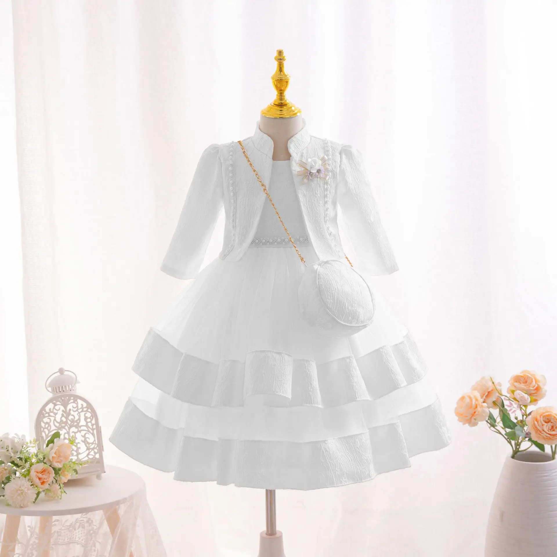 HETISO 3-Pcs Princess Dress Set with Long Sleeves And Coat Beaded Layered Wedding Costume for Girls Bag Included Ages 3-10