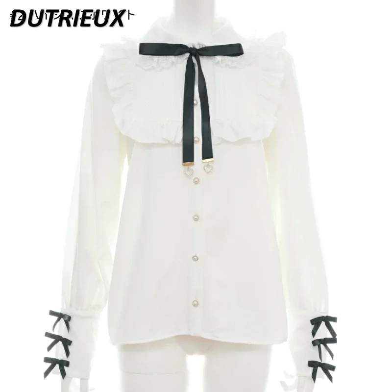 봄 가을 Bottoming 셔츠 달콤한 귀여운 소녀 일본 곰팡이 가장자리 블라우스 나비 넥타이 사랑 펜던트 인형 칼라 긴 소매상의