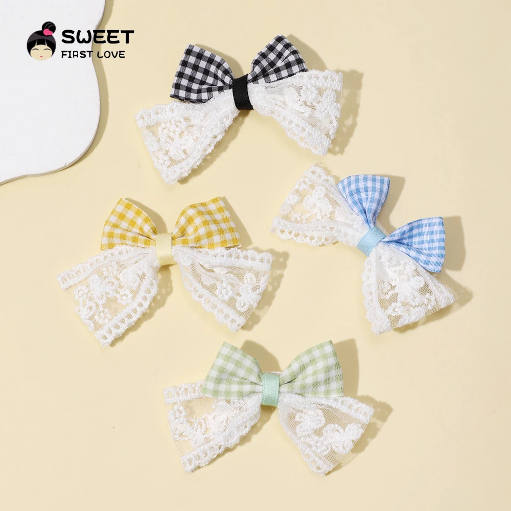 Cute Lace Bow Hair Clips for Girls Cotton Plaid Bowknot Hairpin Boutique Side Clip Barrette Kids Headwear Baby Hair Accessories