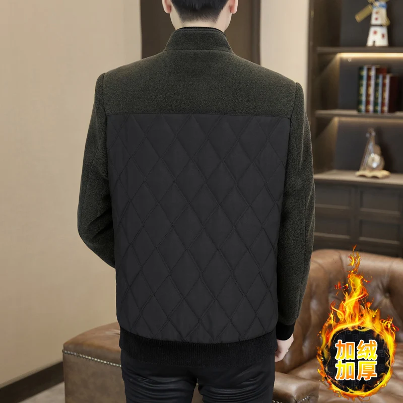 Chaqueta de lana corta empalmada con cuello levantado para hombre, gabardina informal gruesa y cálida, abrigos de mezcla, ropa de calle Social de negocios, ligera, de lujo