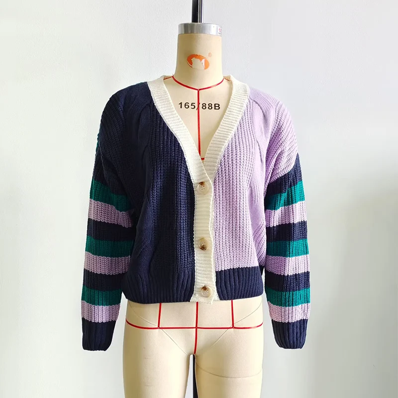 

UETEEY 2025 Cardigan Sweater Contrast Color Casual Joker V-neck Buttons Colorful Patchwork Street Trend Hipster Knit Coat