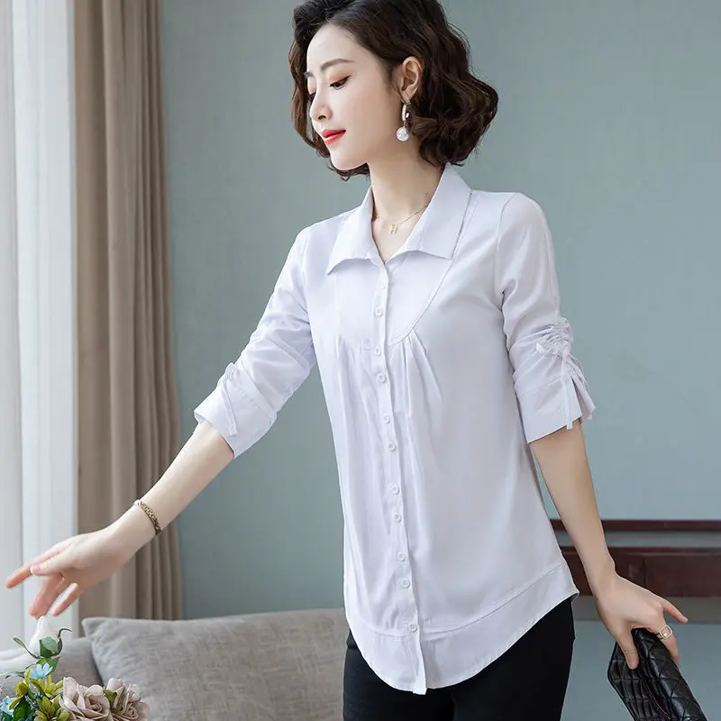 Short-sleeved Shirt for Women Mid-length Five-point Sleeve Shirt Korean Style Versatile Top