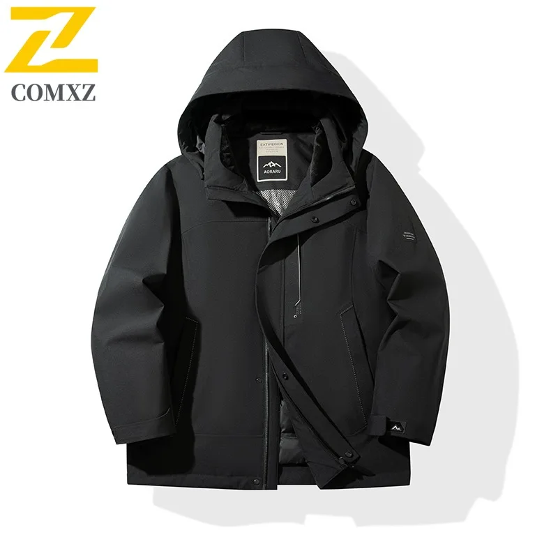COMXZ Mens Puffer Jacket Solid Color Hooded Outdoor Camping Lightweight Down Coat Snow Travel Thickened Warm Autumn Winter Wear